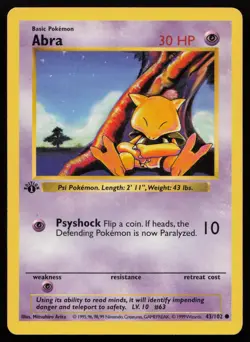 Abra 43/102 1st Edition Common Base Set Shadowless Pokemon English MP - Image 1