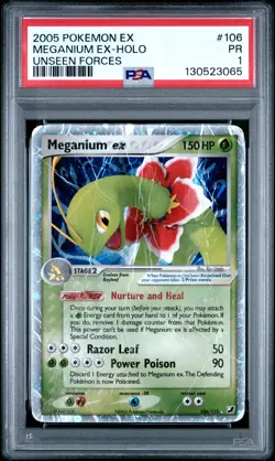 2005 POKEMON EX UNSEEN FORCES #106 MEGANIUM EX-HOLO PSA 1 - Image 1
