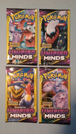 Pokemon Unified Minds Factory Sealed 3 Card Pack Complete Art Set of 4 - Image 1