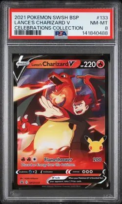 2021 POKEMON SWSH BLACK STAR PROMO CELEBRATIONS COLL LANCE'S CHARIZARD V PSA 8 - Image 1