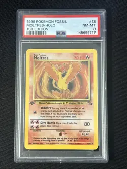 Pokemon Moltres 12/62 (1st Edition) Fossil Holo *PSA 8* Freshly Graded Card - Image 1
