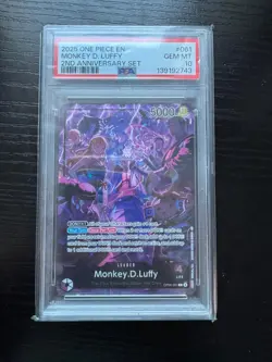 PSA 10 Monkey D. Luffy OP09-061 Leader 2nd Anniversary One Piece Card GEM MT - Image 1