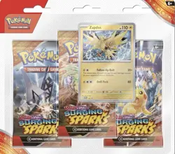 Pokemon TCG Scarlet & Violet Surging Sparks 3 Pack Blister Zapdos Factory Sealed - Image 1