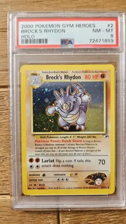 Pokemon 2000 Gym Heroes Brocks Rhydon Holo Card 2/132 PSA 8 Unlimited - Image 1
