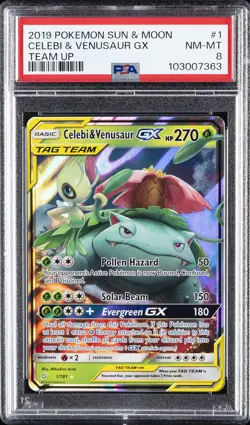 2019 POKEMON SUN & MOON TEAM UP #1 CELEBI & VENUSAUR GX PSA 8 - Image 1