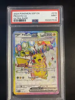 2024 POKEMON SSP EN-SURGING SPARKS ULTRA RARE PIKACHU EX #219 PSA 9 - Image 1