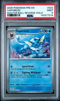2025 POKEMON PRE EN-PRISMATIC EVOLUTIONS MASTER BALL REVERSE HOLO VAPOREON PSA 9 - Image 1