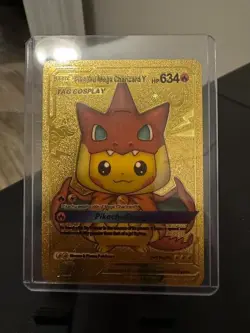 Pokemon Pikachu Mega Charizard Y Tag Cosplay Hp634 Gold Foil Fan Art Card - Image 1