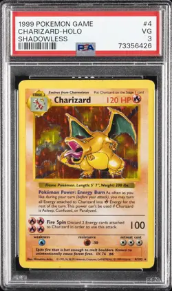 1999 POKEMON BASE SET SHADOWLESS #4 CHARIZARD-HOLO PSA 3 - Image 1