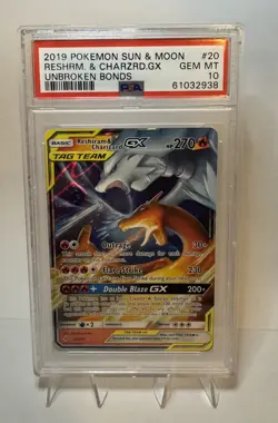 2019 POKEMON SUN & MOON UNBROKEN BONDS #20 RESHIRAM & CHARIZARD GX PSA 10 - Image 1