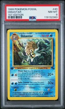 1999 Pokemon Fossil 1st Edition Omastar #40/62 PSA 8 - Image 1