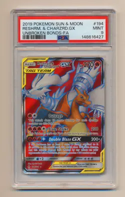 PSA 9 Pokemon Unbroken Bonds Full Art Reshiram & Charizard GX 194/214 MINT! - Image 1