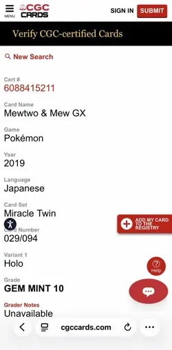 CGC Gem Mint 10 - Mewtwo & Mew GX 029 - JP Miracle Twin Holo Pokemon TAG TEAM - Image 3