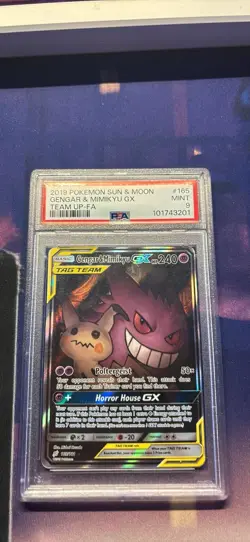 2019 Pokemon Sun & Moon TCG Team Up-FA Gengar Mimikyu GX Card #165/181 PSA 9 - Image 1