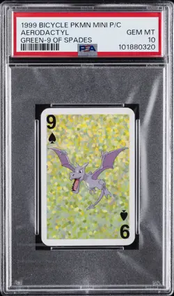 1999 BICYCLE POKEMON MINI PLAYING CARDS GREEN DECK 9 OF SPADES AERODACTYL PSA 10 - Image 1