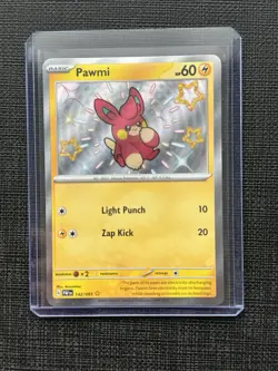 Pawmi 142/091 Paldean Fates Shiny Rare Holo Pokemon Card NM - Image 3