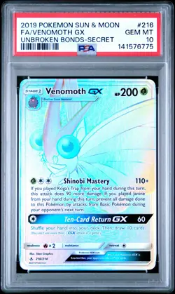 2019 POKEMON SUN & MOON UNBROKEN BONDS SECRET #216 FULL ART/VENOMOTH GX PSA 10 - Image 1