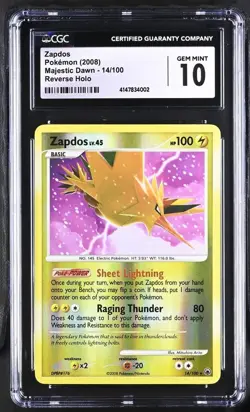 Pokemon CGC 10 Zapdos 14/100 Reverse Holo Diamond & Pearl Majestic Dawn PSA - Image 1