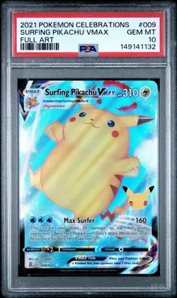 2021 POKEMON CELEBRATIONS #009 FULL ART/SURFING PIKACHU VMAX PSA 10 - Image 1