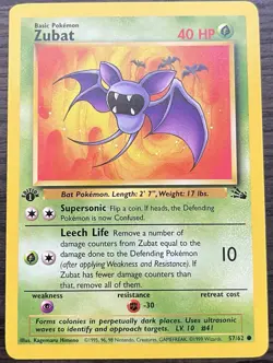 1st Edition Zubat 57/62 Pokemon TCG WOTC Base Set Fossil Common Light Play LP - Image 1