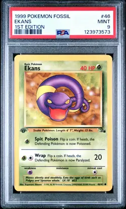 1999 POKEMON FOSSIL 1ST ED #46 EKANS PSA 9 - Image 1