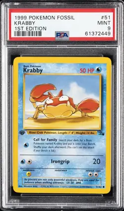 1999 POKEMON FOSSIL 1ST EDITION #51 KRABBY PSA 9 - Image 1