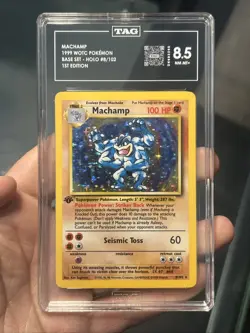 Pokemon TCG Machamp Holo 1st Edition Base Set #8/102 Grade TAG 8.5 NM M+ - Image 1