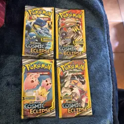 Pokemon Sun & Moon Cosmic Eclipse (4) 3-Card Booster Packs Art Set 2019 Sealed - Image 1