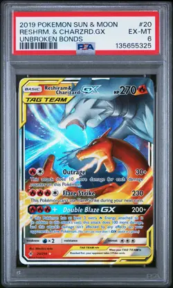 2019 POKEMON SUN & MOON UNBROKEN BONDS #20 RESHIRAM & CHARIZARD GX PSA 6 - Image 1