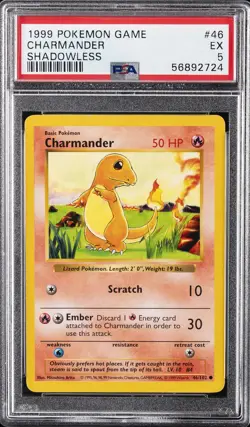 1999 POKEMON GAME SHADOWLESS #46 CHARMANDER PSA 5 - Image 1