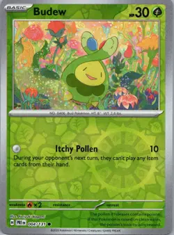 Pokemon TCG Budew 004/131 Prismatic Evolutions Rev Holo NM - Image 1