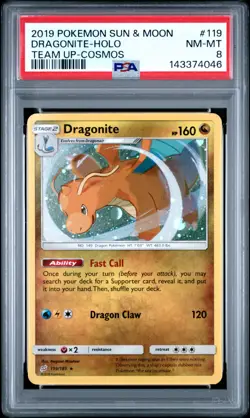 2019 POKEMON SUN & MOON TEAM UP 119 DRAGONITE-HOLO COSMOS PSA 8 - Image 1