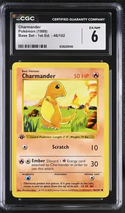 CGC 6 Charmander 46/102 Base Set 1st Edition Shadowless Pokemon Card - Image 1