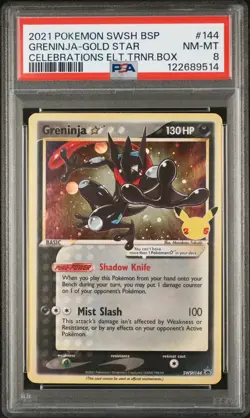 2021 Pokemon SWSH Celebrations ETB Promo Greninja Gold Star #144 PSA 8 - Image 1