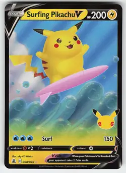 Surfing Pikachu V 008/025 Holo V Rare Celebrations Pokemon Near Mint - Image 1