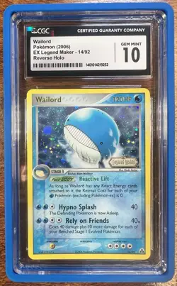 2006 Pokemon EX Legend Maker Wailord 14/92 Reverse Holo CGC 10 GEM MINT W/ Guard - Image 1
