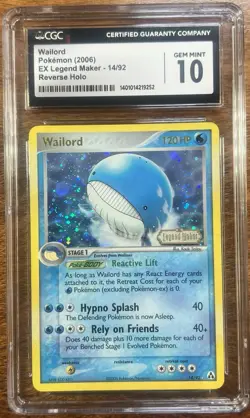 2006 Pokemon EX Legend Maker Wailord 14/92 Reverse Holo CGC 10 GEM MINT W/ Guard - Image 2