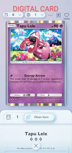 Pokemon Pocket Mobile Game Celestial Guardians Set Tapu Lele ◇◇◇ Rare Trade Card - Image 1