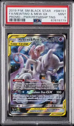 2019 POKEMON SM BLACK STAR PROMO #SM191 FULL ART/MEWTWO & MEW GX PSA 9 - Image 1