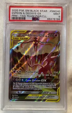 Pokemon SM Black Star Promo Espeon & Deoxys GX SM240 TAG TEAM Holo PSA 9 - Image 1