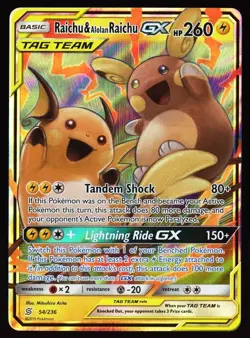 Raichu & Alolan Raichu GX - 54/236 - Pokemon Unified Minds Sun Moon Rare Card NM - Image 1