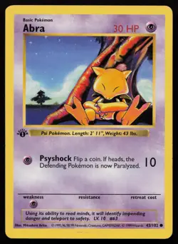 Abra 43/102 1st Edition Common Base Set Shadowless Pokemon English MP - Image 1