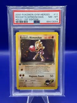 Pokemon Gym Heroes Rockets Hitmonchan 11 1st Edition PSA 8 Holo Partial Swirl - Image 1