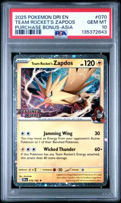 2025 POKEMON DRI EN-DESTINED RIVALS #070 TEAM ROCKET'S ZAPDOS PSA 10 - Image 1