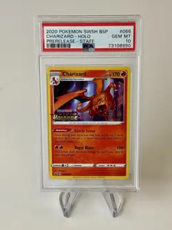 2020 POKEMON SWSH BLACK STAR PROMO PRERELEASE STAFF #066 CHARIZARD HOLO PSA 10 - Image 1