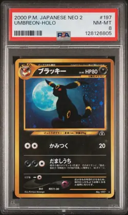 PSA Graded NM-MINT 8 2000 Japanese Pokemon Neo 2 Umbreon Moonbreon RARE Holo 197 - Image 1