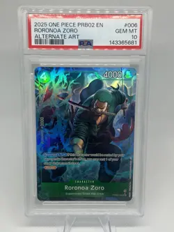 PSA 10 Gem Mint One Piece PRB02-006 Roronoa Zoro Alternate Art English - Image 1