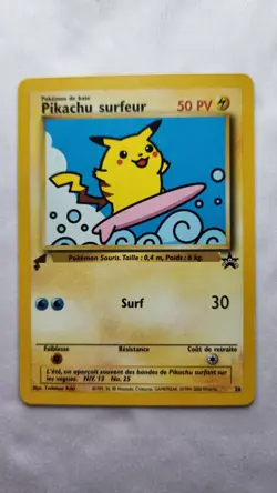 2000 Pokemon World Collection Surfing Pikachu (French) Gold Tail Stamp NM - Image 1