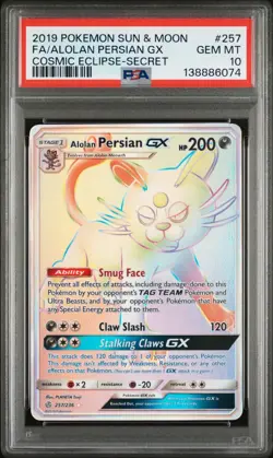 2019 POKEMON SM COSMIC ECLIPSE 257 ALOLAN PERSIAN GX SECRET PSA GEM MINT 10 - Image 1
