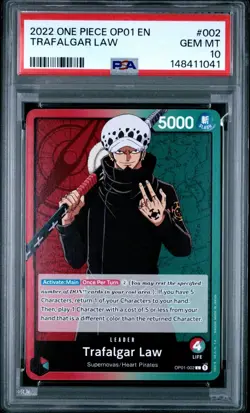 2022 ONE PIECE OP01-ROMANCE DAWN #002 TRAFALGAR LAW PRE ERRATA PSA 10 - Image 1